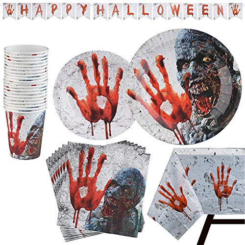 Kompanion Set de Accesorios Decorativos para Halloween – Vajilla de 82 Piezas – Artículos de Menaje para Fiesta de Disfraces – Apoyo de Decoración – Platos, Vasos, Servilletas, Mantel – 20 Invitados