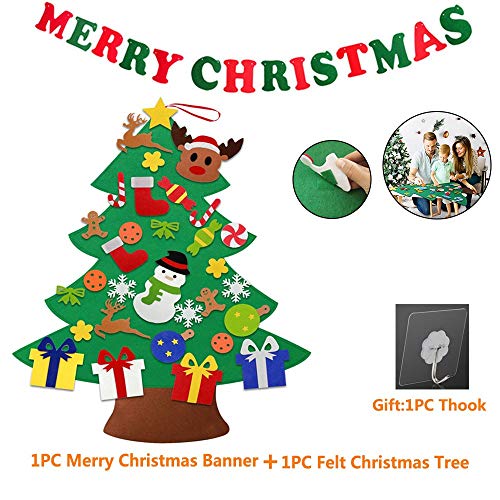 kungfu Mall 100cm Árbol de Navidad de Fieltro con 30 PCS Adornos Colgantes para Niños Juguete de decoración de árbol de Navidad,1 PC Feliz Navidad Letras Bandera Bandera,1 PC Gancho Transparente