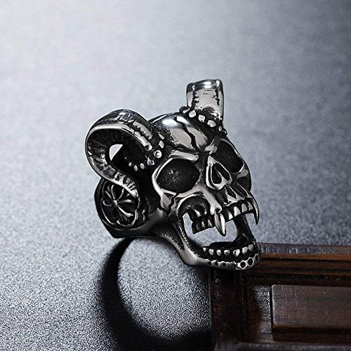 LAMUCH Men's Gothic Stainless Steel Band Rings Silver Tone Black Fangs Devil Fangs Skull Head Horn Biker Rings US Size 7-13