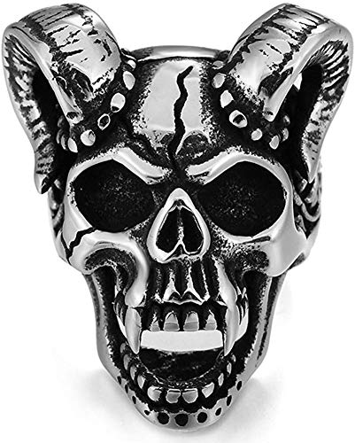 LAMUCH Men's Gothic Stainless Steel Band Rings Silver Tone Black Fangs Devil Fangs Skull Head Horn Biker Rings US Size 7-13