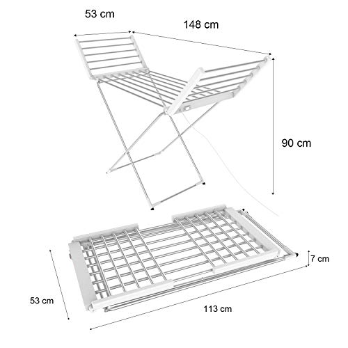 Leogreen - Estante Eléctrico de Lavandería, Secador de Tela a Calefacción, Clásico, Blanco, Tamaño Plegado: 113 x 53 x 7 cm, Longitud del Cable: 1,2 m