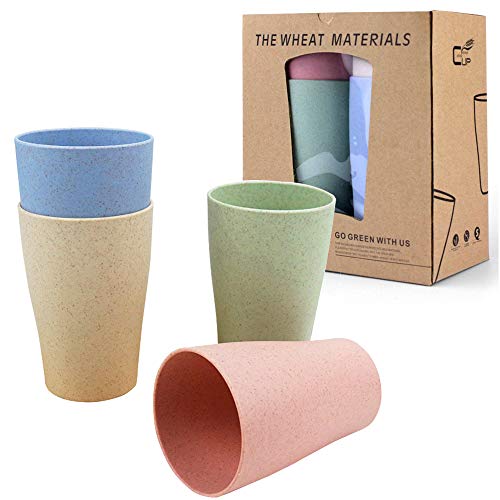 LEZED Juego de Tazas de Vajilla de Paja de Trigo Vaso Taza Biodegradable Paja de Trigo para Agua Café Jugo de Leche Té Tazas de Enjuague 400 ml (Pack de 4, Verde, Azul, Rosa, Amarillo)