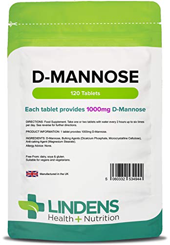 Lindens D-Manosa 1000 mg en comprimidos | 120 Paquete | Cada comprimido proporciona 1000 mg de D-Manosa, una molécula de azúcar simple que llevan frutas, como los arándanos rojos, de forma natural