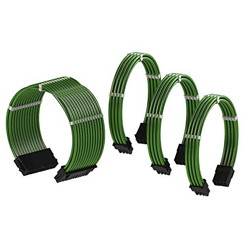 LINKUP - Cable con Manguito - Prolongación de Cable para Fuente de Alimentación con Kit de Alineadores | 1x 24P (20+4) | 1x 8P (4+4) CPU | 2X 8P (6+2) GPU Set | 50CM 500MM - Verde Metalizado