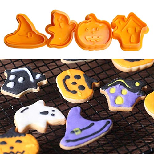 LQH 4pcs / Set Sello de Halloween de la Galleta de la Galleta del Molde del Cortador del émbolo 3D DIY Molde de la hornada