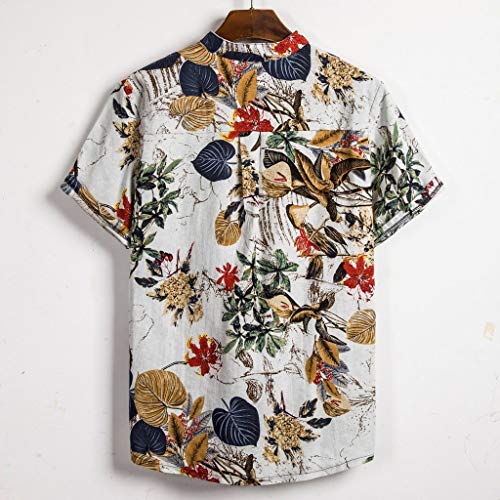 Luckycat Hombre de algodón Lino Camisa de Manga Corta Camisa Hawaiana Señores Manga Corta Bolsillo Delantero Impresión de Hawaii Playa Camisas Hombre Verano Camiseta Floral Estampado Tops