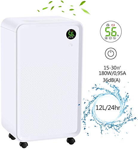 LUKO 12L Deshumidificador Silencioso Compactos Portátil 1 Botón 3 Modo Fácil de Controlar Parada Automática Deshumidificador Habitacion con Desague Bajo Consumo Deshumificadores de Humedad180W/0,95A