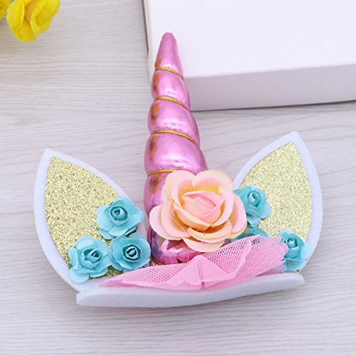 LUOEM Unicorn Cake Cake Topper con unicornio cuerno orejas y flores Cake Decorativo Cupcake Topper cumpleaños Baby Shower unicornio tema fiesta suministros (rosa)