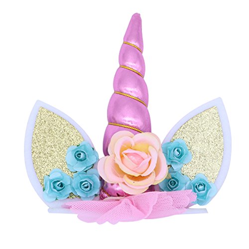 LUOEM Unicorn Cake Cake Topper con unicornio cuerno orejas y flores Cake Decorativo Cupcake Topper cumpleaños Baby Shower unicornio tema fiesta suministros (rosa)