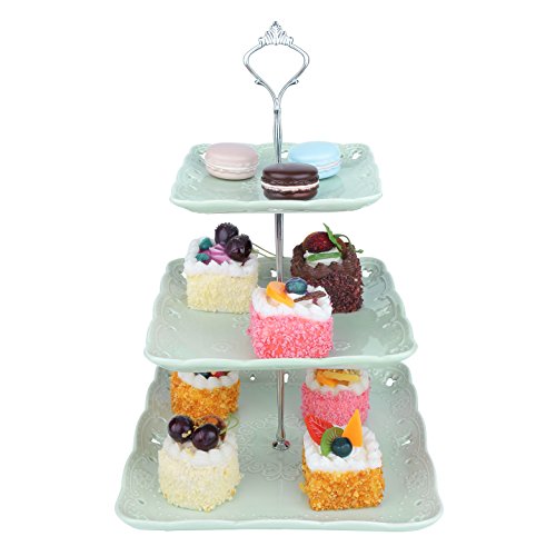 MALACASA, Serie Sweet.Time, Bandejas para Tartas, (10" 8.2" 6") 3 Capas de Placas Porcelana，El Colgante de Plata para Postres, Frutas, Magdalenas, Color Verde