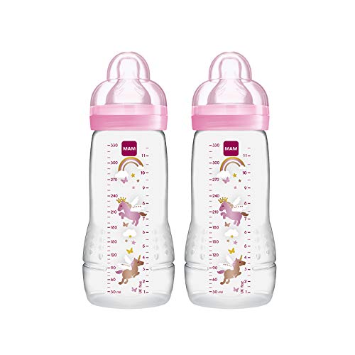 MAM 99950501 Easy Active Biberón (330 ml), juego de 2, biberón que incluye tetina MAM tamaño 2 de silicona SkinSoft, biberón con forma ergonómica, 4+ meses, rosa