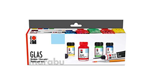 Marabu 130600087, Pintura de vidrio "Glas" 4 x 15 ml + cepillo + pasta en relieve Negro