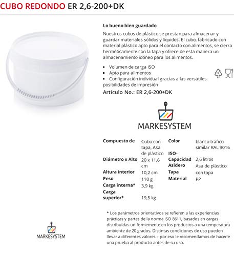 MARKESYSTEM - Cubo HERMÉTICO Catering - Pack de 5 X 2,6 litros - Cubos de Plástico con Tapa - Contenedores Apilables - Envasar Alimentos, Líquidos y Pinturas - Polipropileno Blanco + Kit Etiquetado