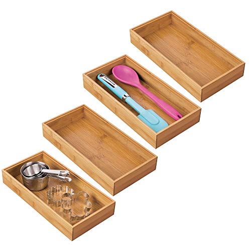 mDesign Juego de 4 cajas organizadoras para la cocina – Caja rectangular de bambú extragrande – Organizador de madera apilable para guardar cubiertos y utensilios de cocina – color natural