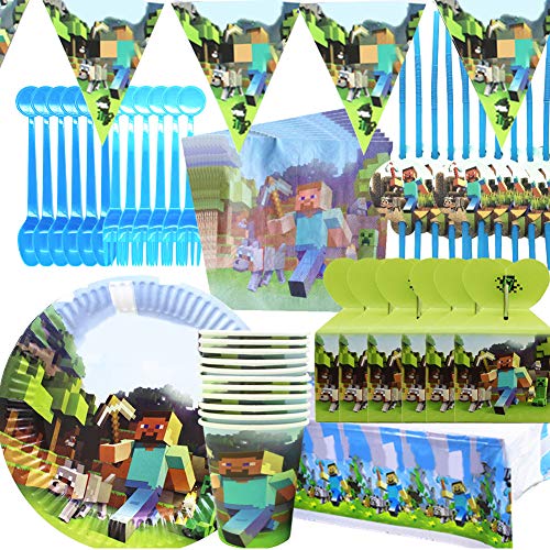 Minecraft Party Tableware Set - BAIBEI Birthday Party Decorations Supplies Children Carnival Party Plates Paper Cups,Tablecloth,Triangle Banner Serve 10 Guests,78pcs