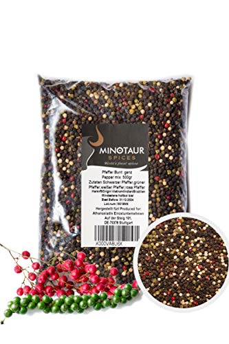 Minotaur Spices | Pimienta de Colores, Entera | 2 X 500g (1 Kg) | Pimienta de Colores Hecha de Semillas Negras, Blancas, Verdes y Rosas