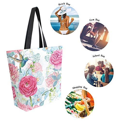 Mnsruu Colibrí Flor Pájaro Floral Comida Bolsa Reutilizable Mujer Grande Casual Bolso de Hombro Bolsas para Compras Comestibles Viajes al Aire Libre