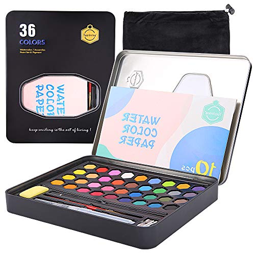 mreechan Set de Pinturas de Acuarela,Set de Acuarelas de 36 Colores de Agua, Incluye 36 Colores,10 Papeles de Acuarela,3 Pinceles de Agua y 1 Esponja para Principiantes y Profesionales