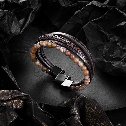 murtoo Pulsera Cuero Hombre Acero Inoxidable Cuero Negro Trenzada Brazalete con Cierre Magnética Piedras (Marrón Cuero y Ágata - 22cm)