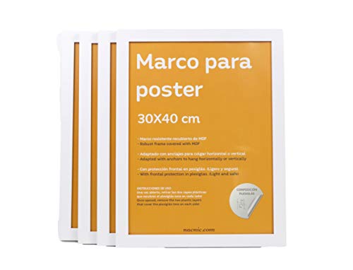 Nacnic Set de 4 Marcos Blancos para Fotos, Posters, láminas, Diplomas. Tamaño(30x40 cm). Robustos de MDF y Frontal de plexiglas. Marcos Blancos para Colgar