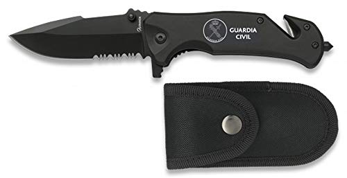 Navaja con Grabado Emblema Guardia Civil Negra Seguridad Hoja 8,3 cm para Caza, Pesca, Camping, Outdoor, Supervivencia y Bushcraft Albainox 19800GR257 + Llavero Mosquetón de Regalo