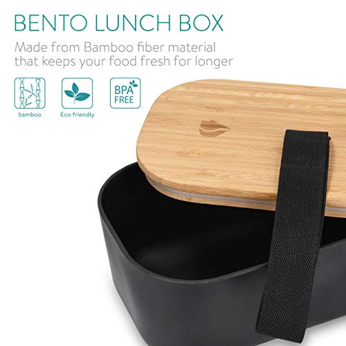 Navaris Recipiente hermético de Comida - Fiambrera Estilo bento con Tapa de bambú - Contenedor ecológico para Colegio o Trabajo en Negro 1100ML