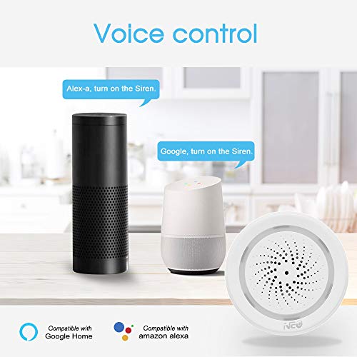 Neo Sensor de Alarma WiFi, Tuya/Smart Life App, Alarma de 100dB, 18 Tonos de Llamada de Alarma, Conexión Fácil de 2.4GHz WiFi, Sensor de Temperatura y Humedad WiFi, Compatible con Alexa Google Home