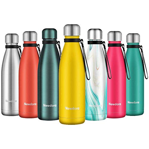 Newdora Botella de Agua Acero Inoxidable 500ml, Aislamiento de Vacío de Doble Pared, Botellas de Frío/Caliente, con 1 un Cepillo de Limpieza, para Niños, Deporte, Oficina, Gimnasio, Amarillo