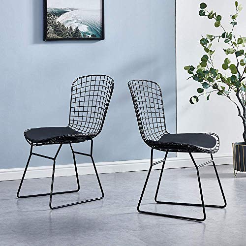 NMDD Set mit 2 Schwarzen Harry Bertoia Style Beistellstühlen aus Draht mit Lederkissen für Das Esszimmer Coffee Shop Restaurant Simple Industrial Design Accent Chair