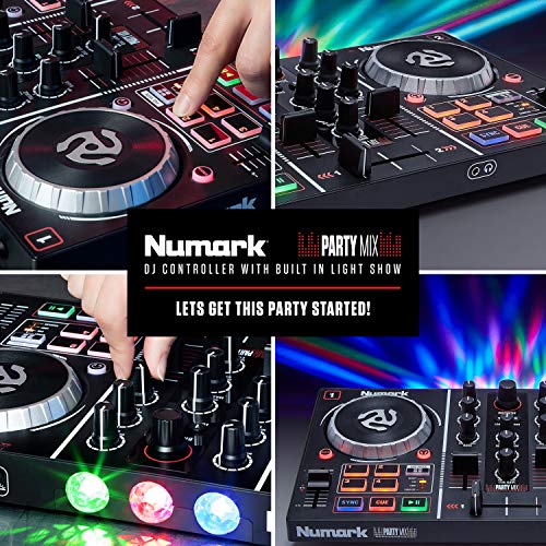 Numark Party Mix - Controlador de DJ plug-and-play de 2 canales para Serato DJ Lite con interfaz de audio incorporada, controles de pad, crossfader, jogwheels y pantalla