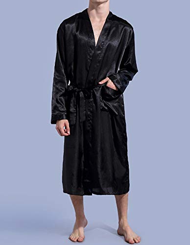 Nuofengkudu Hombre Saten Albornoz Manga Larga con Bolsillo Soft Kimono Japones Batas Peluqueria Color Sólido Pijamas Premama Batas de Casa Novia Boda Sleepwear (Negro,L)