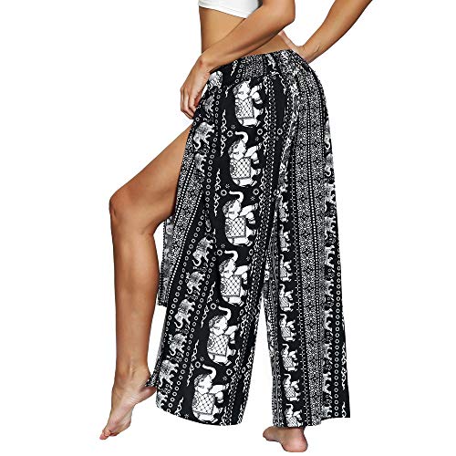 Nuofengkudu Mujer Hippie Largo Pantalones Dividir Pata Ancha Flores Estampados Sueltos Elegantes Comodos Thai Yoga Pants Verano Playa Vacaciones(Negro Elefante,S/M)