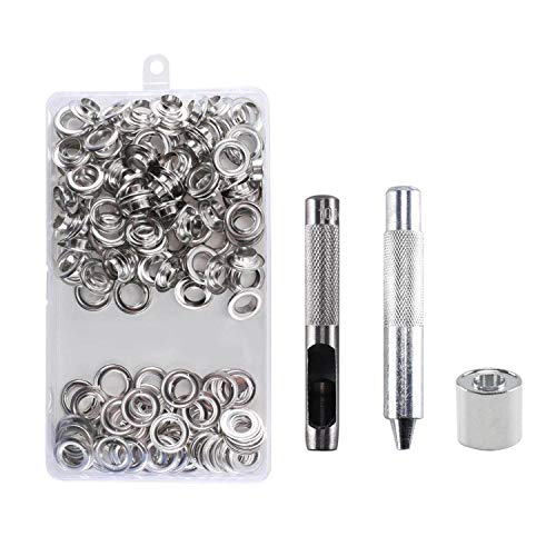 Ojetes Metalicos ZKSM 100Pcs Ojales Metalicos kit Ojetes 10mm Acero Inoxidable Herramienta de Montaje de Arandela con Caja de Almacenamiento Ojetes para Toldos Lonas Ojales Ropa DIY (2/5 Pulgada)