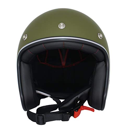 Original Fräulein Irmi Retro Casco de Vespa, casco jet con visera de sol, casco de scooter para mujeres y hombres en elegante aspecto vintage, calidad según la norma ECE, color verde militar.