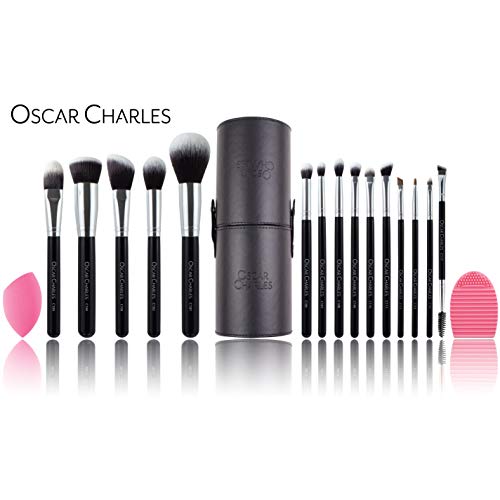 Oscar Charles Juego de brochas de maquillaje profesional con mezclador de belleza y limpiador en elegante estuche de brochas, presentado en una hermosa caja de regalo [15 piezas] [plata]