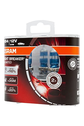 OSRAM NIGHT BREAKER UNLIMITED HB4, lámpara para faros halógena, 9006NBU-HCB, automóvil de 12 V, caja doble (2 unidades)