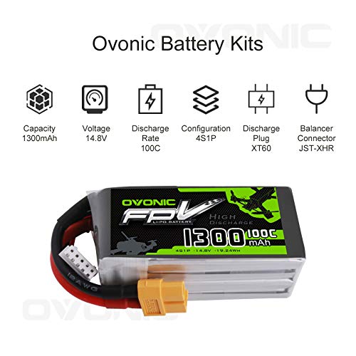 OVONIC FPV LiPo 14.8 V 1300 mAh 100C 4S batería con Conector XT60 para FPV Racing RC Quadcopter Helicóptero Avión Multimotor Hobby Piezas de Bricolaje