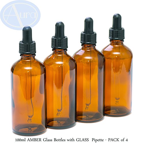 PACK of 4 - 100ml AMBER GLASS Bottles with GLASS Pipettes. Essential Oil / Aromatherapy Use