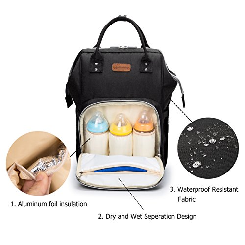 Pañal Bolso Mochila, Gran Capacidad Mochila de Pañales Bolso de Viaje, Impermeable Bolsa de Pañales con Aislado Bolsillos para Cuidado de Bebé y Mamá-Negro