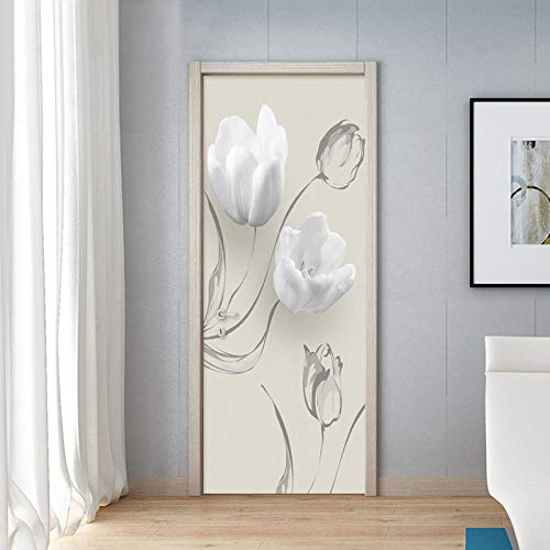 Papel Pintado de Puertas 3D Autoadhesivo Impermeable Vinilos Puertas Pegatinas Para Decorativos Para la Puertas interior del Dormitorio Murales,flor blanca 77 X 200 CM