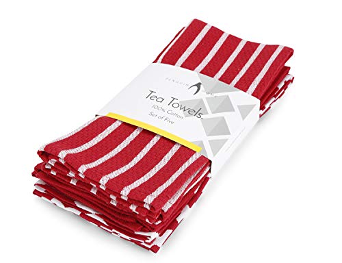 Penguin Home 3050 Juego de 5 Toallas de té 100% algodón-Suave-Duradero-Diseño Elegante en Rojo con múltiples Patrones-Lavable a máquina-65 x 45 cm, Paquete de 5, 5 Pack