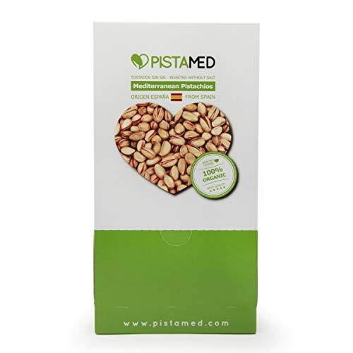 Pistachos ecológicos PISTAMED - 3,5 Kg. Tostado artesanal SIN SAL - Origen España (100 bolsas de 35 gr. = 3,5 kg.) 100 bolsas de pistachos en un expositor dispensador.