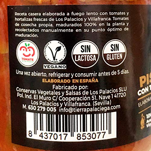 Pisto Casero TIERRA PALACIEGA [Pack 12 Tarros x 340 g] con Tomate de Los Palacios y Aceite de Oliva Virgen Extra Producto Vegano Sin Gluten y Sin Lactosa