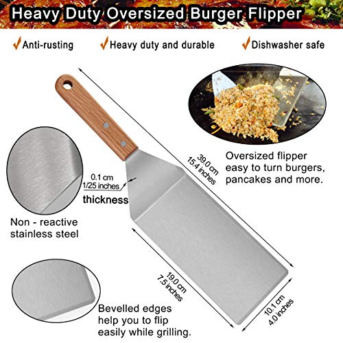 POLIGO 13 Piezas Accesorios de Barbecue Acero Inoxidable y pajitas de Metal Kit en Bolsa - Conjunto de espátula de Plancha con Mango de Madera - Ideal para cocinar en la Parrilla Camping Teppanyaki