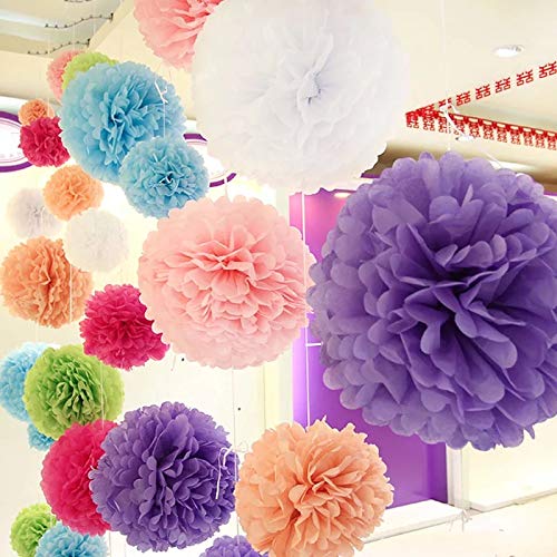 Pompones de papel de seda, flores de papel para decoración de fiestas, decoración de boda y cumpleaños - 15 piezas de 20, 25 y 35 cm (colores arco iris)