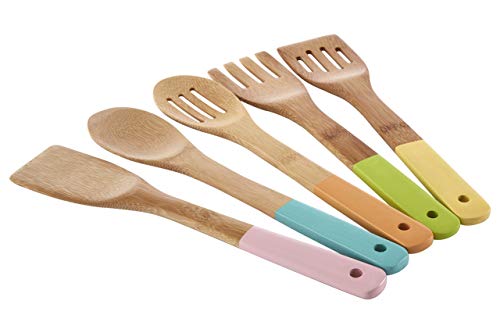 Premier Housewares - Juego de utensilios de cocina con asas en tono pastel, de bambú, multicolor, bambú, multicolor, 5 piezas