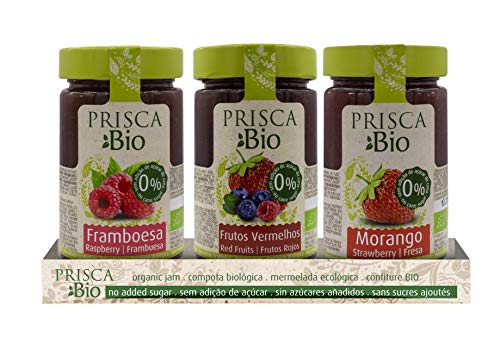 PRISCA Mermelada 100% Ecológica de Frambuesa, Frutos Rojos, Fresa - Sin Azúcar - 3 Unidades de 240 gr