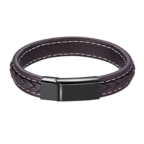 Pulsera Carmelita para Hombre y Mujer Piel Genuina con Broche Metálico Negro Costuras Blancas Adornos Accesorio Decorativo de Muñeca