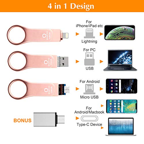 QARFEE Memoria USB 128GB Pendrive para iPhone OTG USB 3.0 Expansión de Memoria Memory Stick Flash Drive Compatible con Windows,Android (128GB, Oro Rosa)