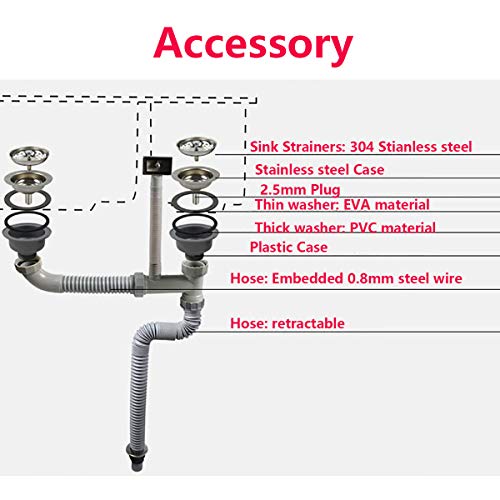 Qrity Colección de fregadero de doble cubeta de acero inoxidable, kit de coladores de desechos para fregadero de cocina de 110 mm con rebosadero cuadrado de 1½"